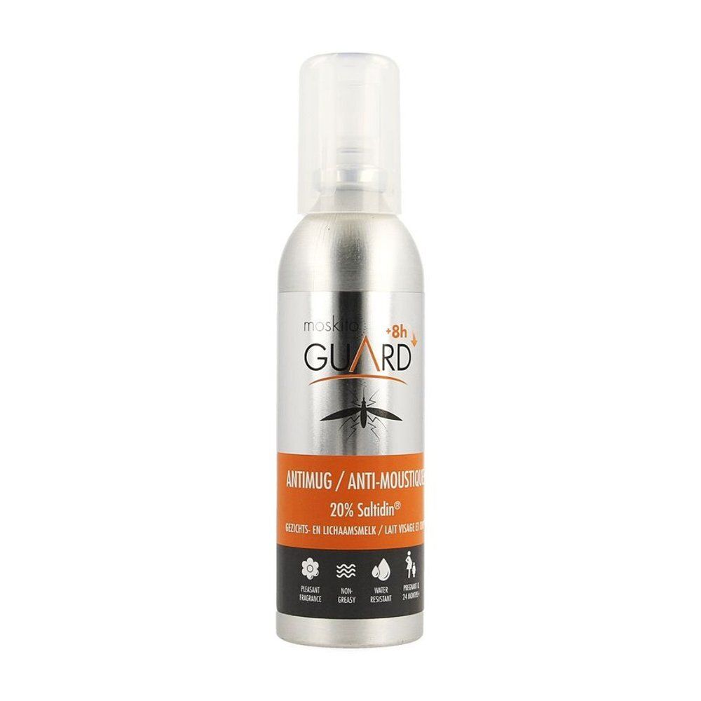 Moskito Guard Spray met 20% Saltidin. Zilveren spuitbus met spuitkop.