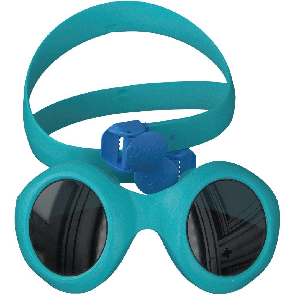 Turquoise zonnebril voor kinderen. Ronde glazen, breed montuur en verstelbare band. Blauwe houder met merklogo.