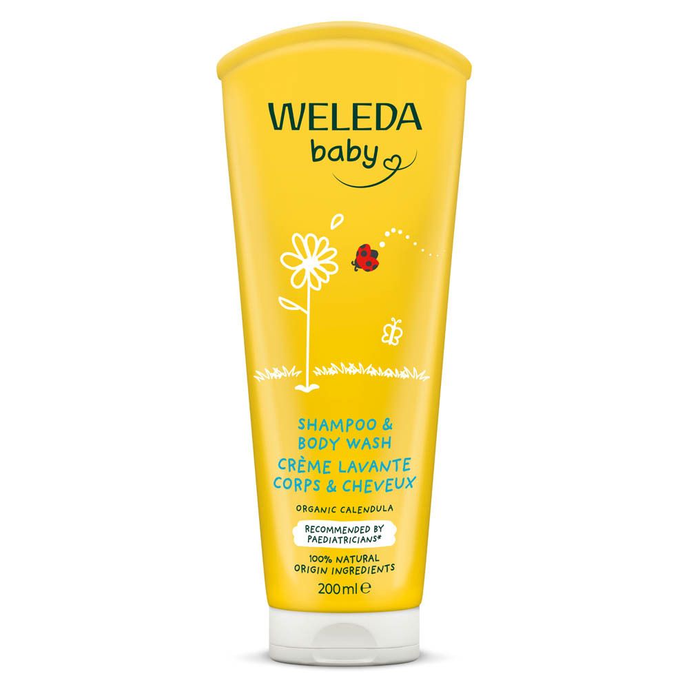 Gele fles met "WELEDA baby" logo. Tekst "Shampoo & Body Wash" en "Crème Lavante Corps & Cheveux". "Organic Calendula".