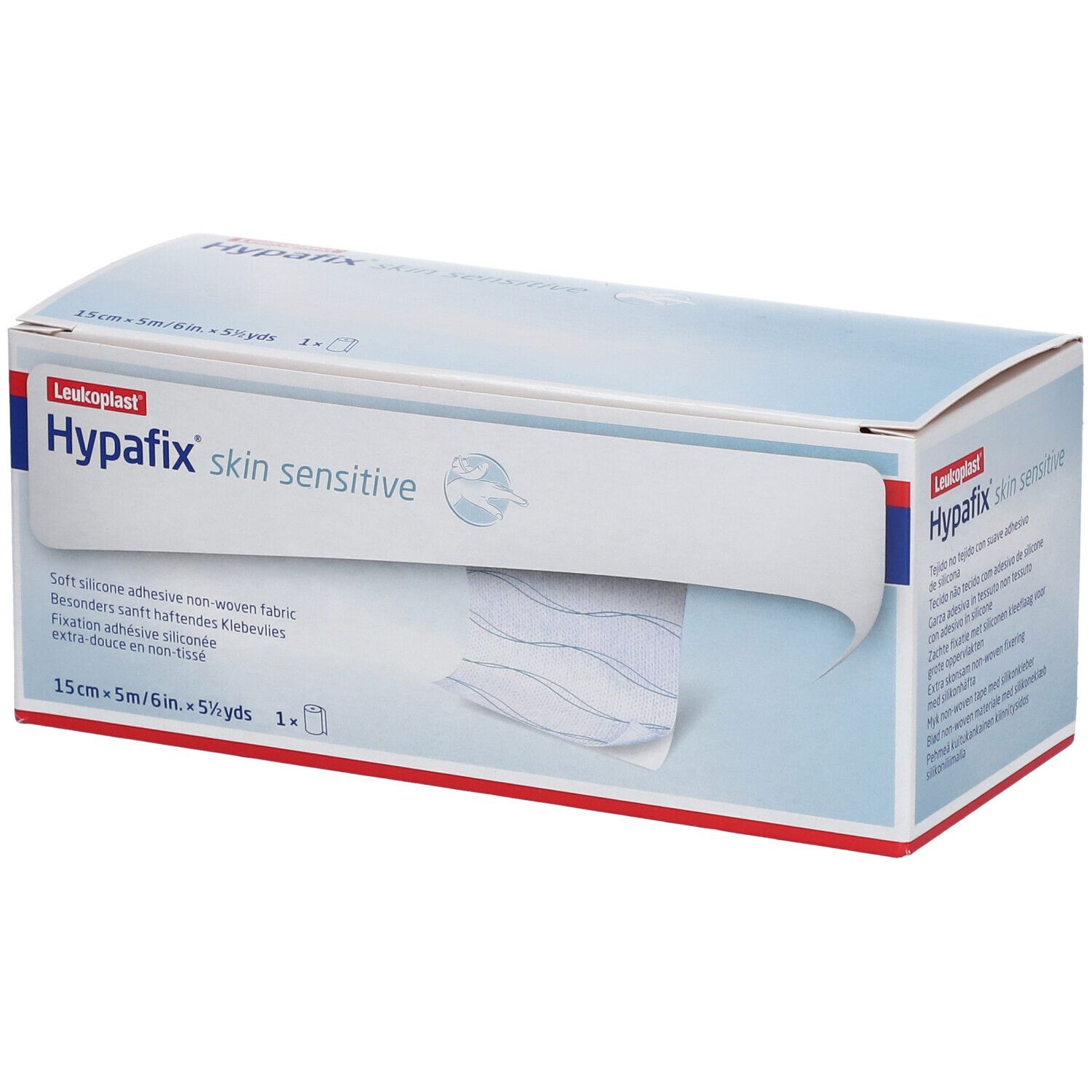 Doos Leukoplast Hypafix skin sensitive. Rol zichtbaar. 15cm x 5m. Zachte, niet-geweven kleefstof.