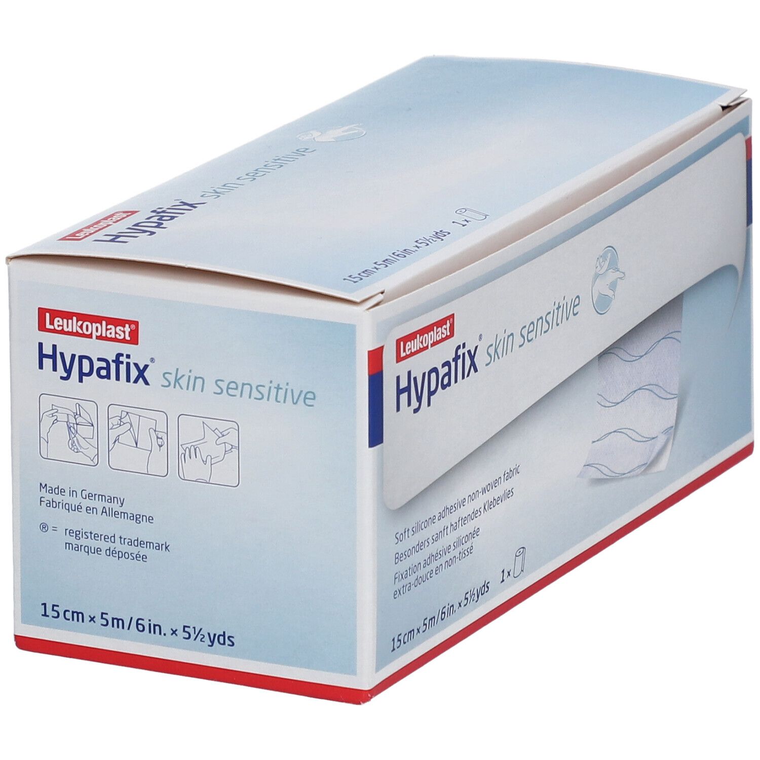Doos Leukoplast Hypafix skin sensitive. 15cm x 5m. Zachte, niet-geweven kleefstof. Gemaakt in Duitsland.