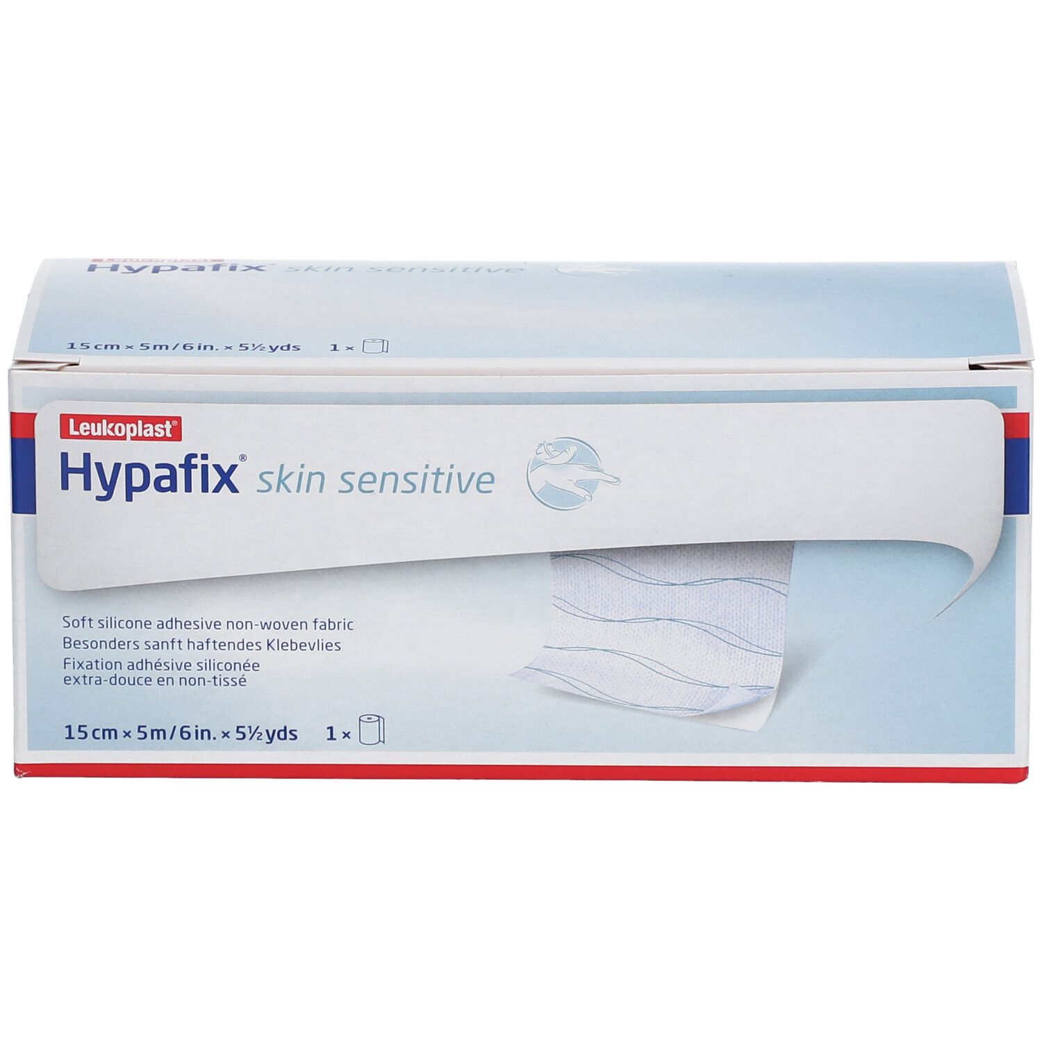 Doos Leukoplast Hypafix skin sensitive. Rol zichtbaar. 15cm x 5m. Zachte, niet-geweven kleefstof.