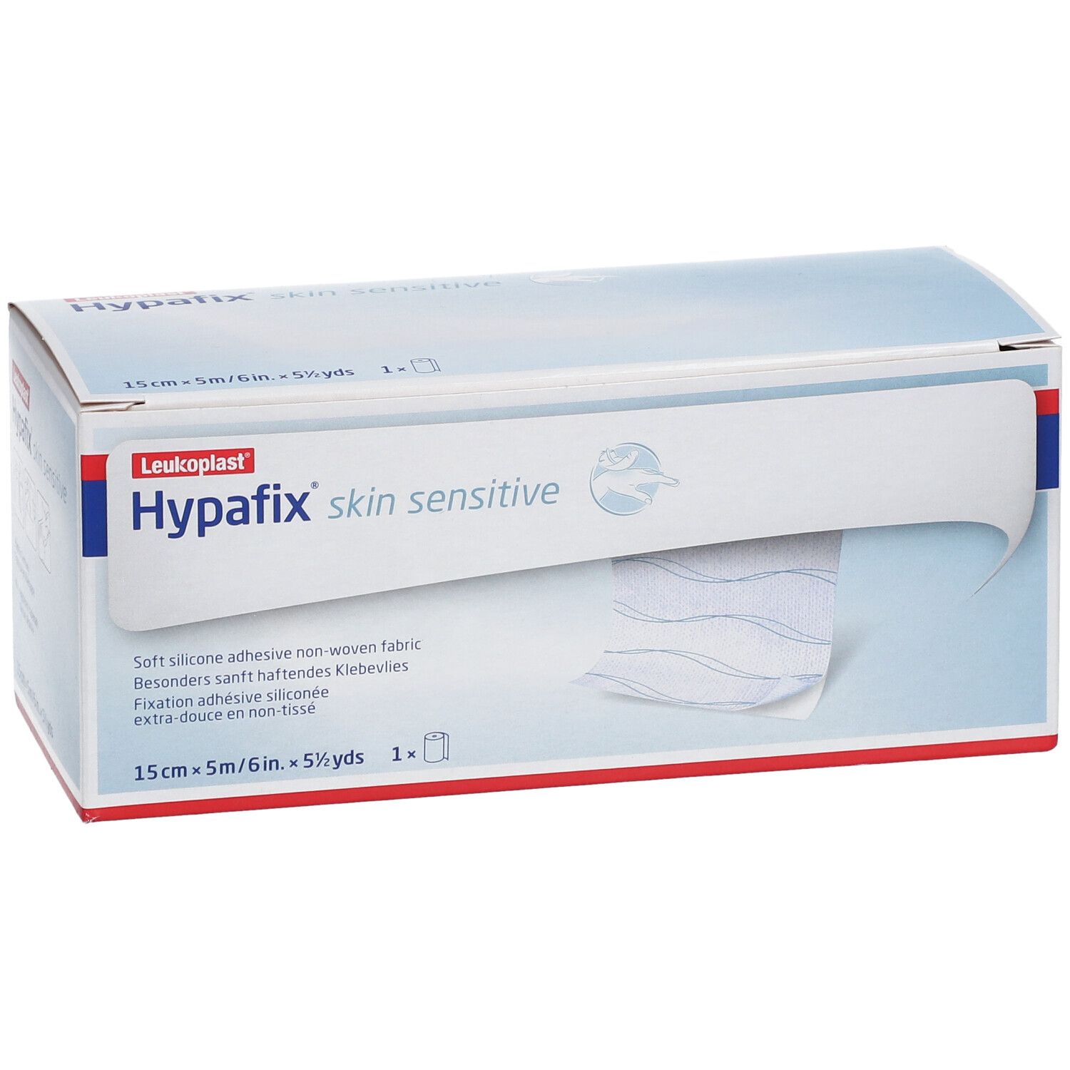 Doos Leukoplast Hypafix skin sensitive. Rol zichtbaar. 15cm x 5m. Zachte, niet-geweven kleefstof.