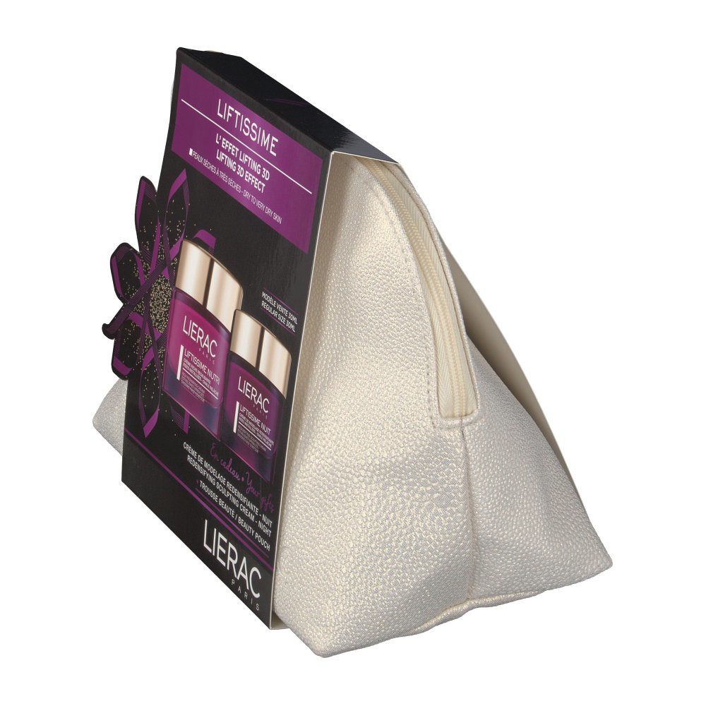 Schuine weergave van de cadeauset. Het crèmekleurige toilettasje heeft een rits en een verpakking met twee potjes.