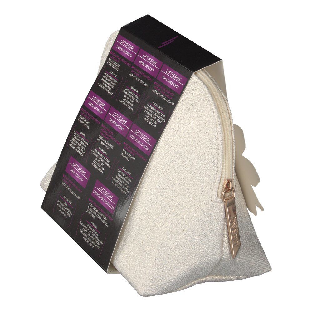 Schuine weergave van de cadeauset. Het crèmekleurige toilettasje heeft een rits en een verpakking met tekst.