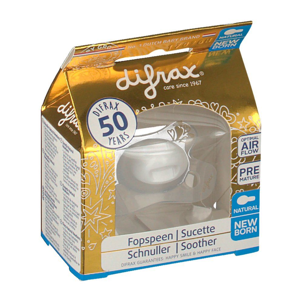 Gouden verpakking met een fopspeen. Zichtbaar: merk Difrax, productnaam, 'Natural Newborn'.
