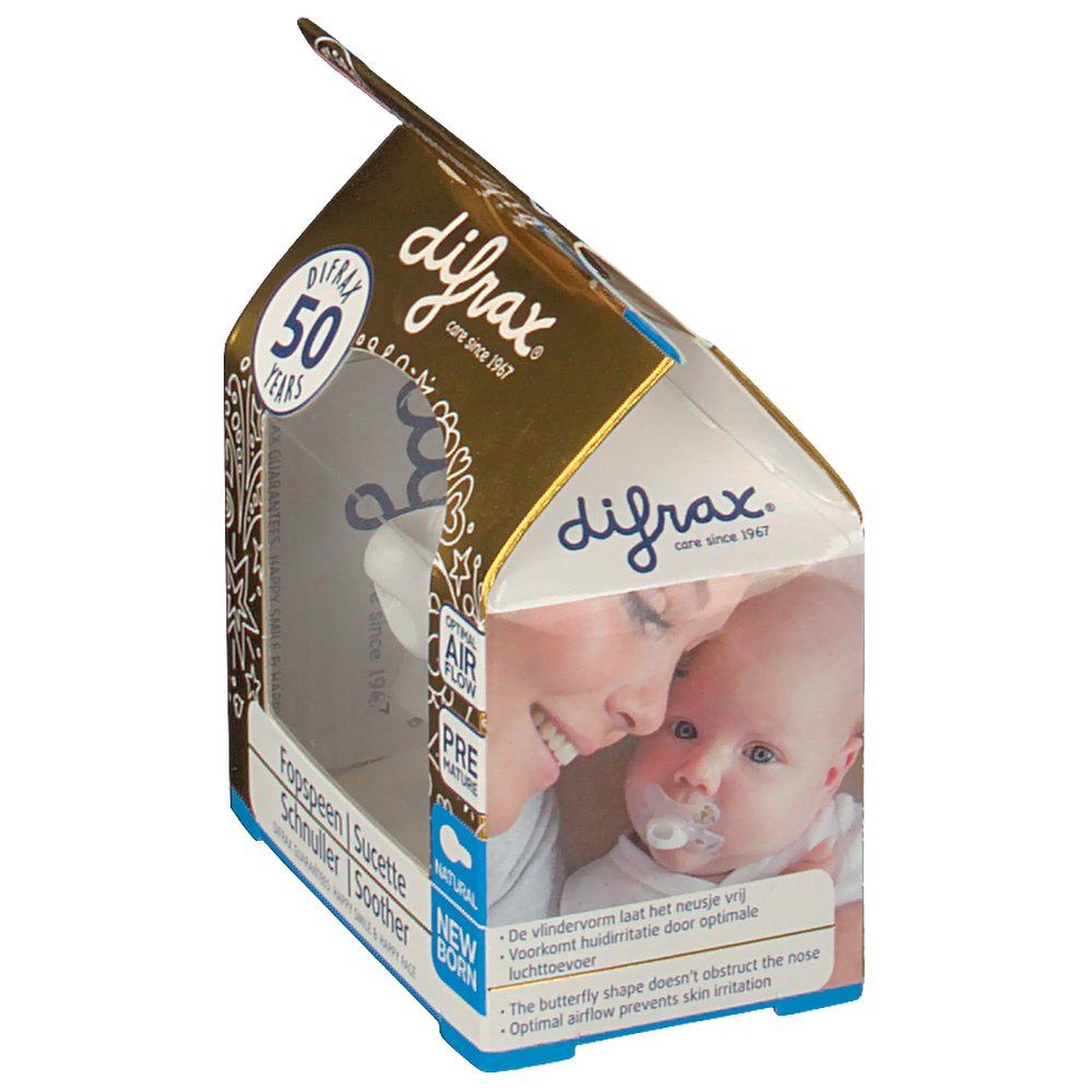 Gouden verpakking met een fopspeen. Zichtbaar: merk Difrax, productnaam, 'Natural Newborn'.