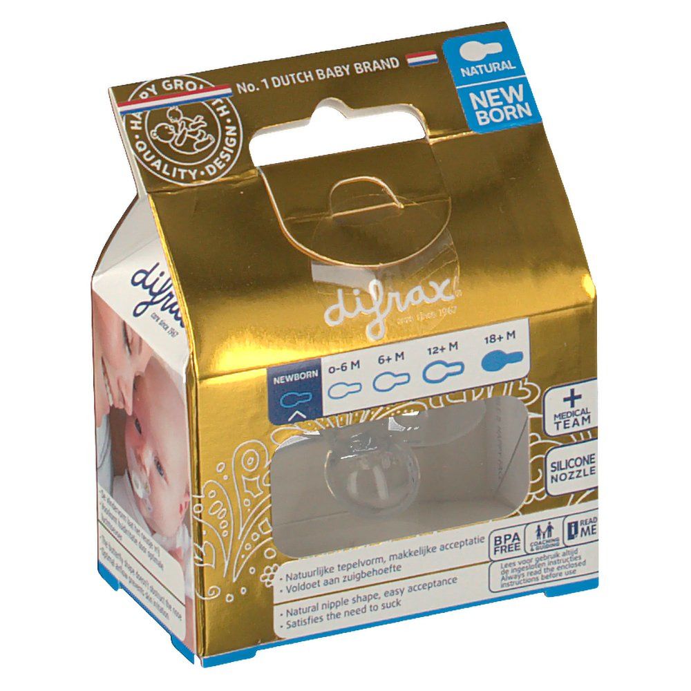 Gouden verpakking met een fopspeen. Zichtbaar: merk Difrax, productnaam, 'Natural Newborn'.