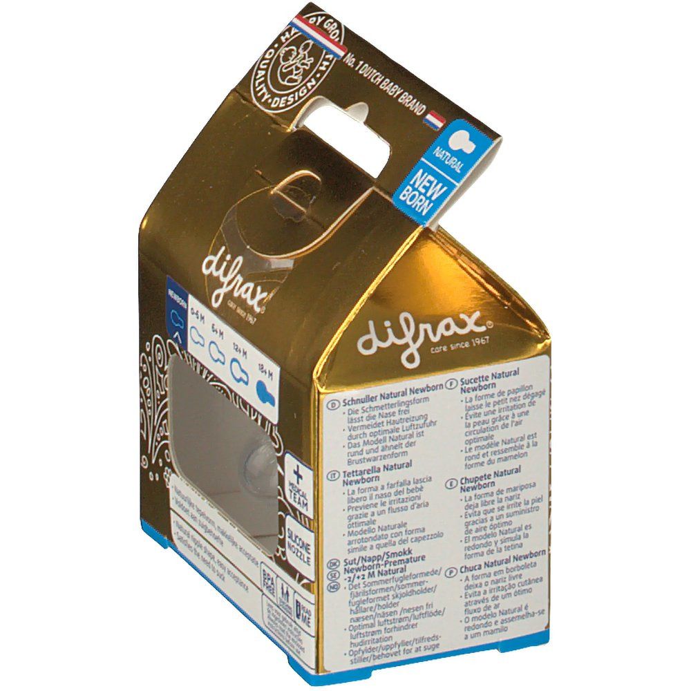 Gouden verpakking met een fopspeen. Zichtbaar: merk Difrax, productnaam, 'Natural Newborn'.