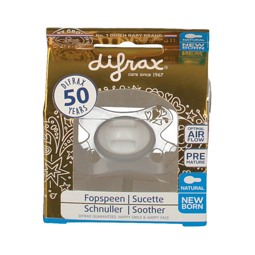Gouden verpakking met een fopspeen. Zichtbaar: merk Difrax, productnaam, 'Natural Newborn'.