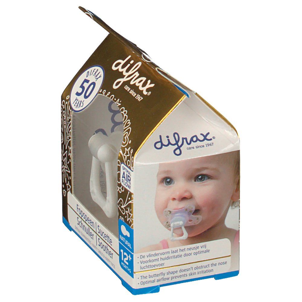 Emballage de sucette difrax. Fenêtre montrant la sucette. Texte: Natural, 12+ mois. Bébé avec sucette.