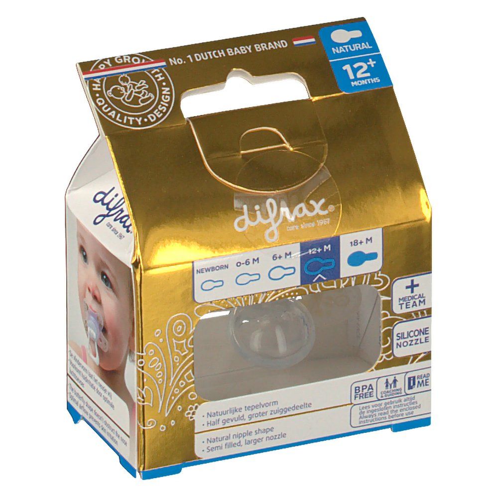 Emballage de sucette difrax. Fenêtre montrant la sucette. Texte: Natural, 12+ mois. Tétine en silicone.