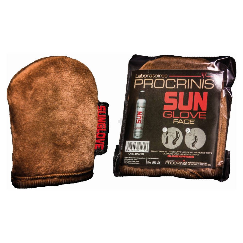 Bruine stoffen gezichtshandschoen. SUNGLOVE en PROCRINIS staan op het etiket. Verpakt in een zwarte plastic verpakking.