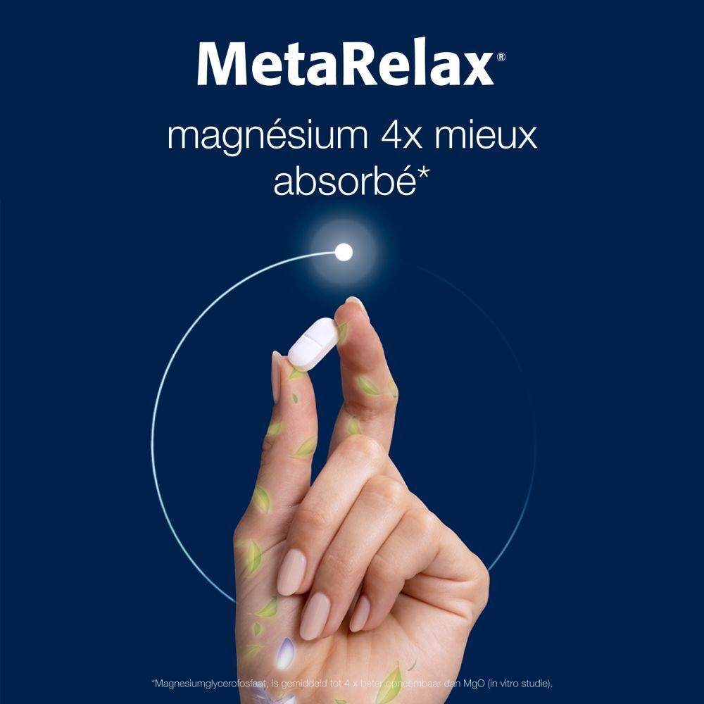 Boîte MetaRelax. Ingrédients : magnésium, folate, vitamine D et B. Metagenics. 180 comprimés.