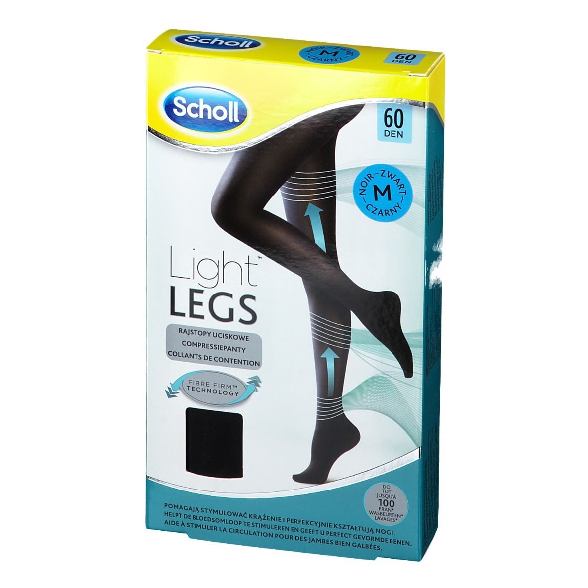 Collants de compression Scholl Light Legs noirs. Emballage avec illustration du produit et texte. 60 DEN, taille M.