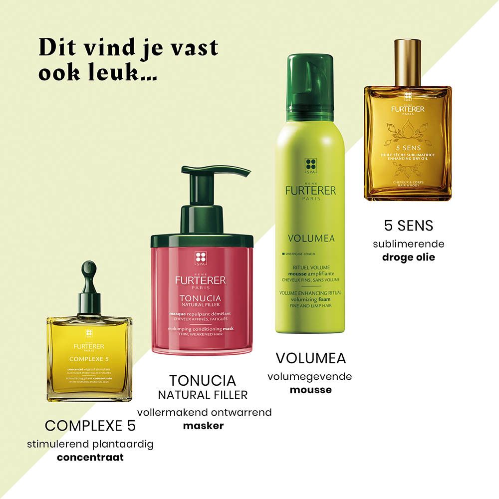 Rene Furterer 5 Sens sublimerende droge olie, Volumizing Mousse, Tonucia Natural Filler masker en Complex 5 concentraat.