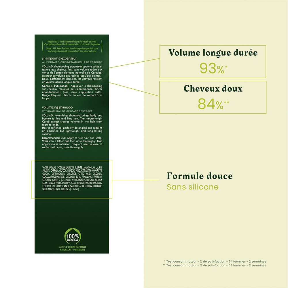 Tube de shampoing René Furterer Volumea avec détails sur le volume, cheveux doux et liste d'ingrédients.