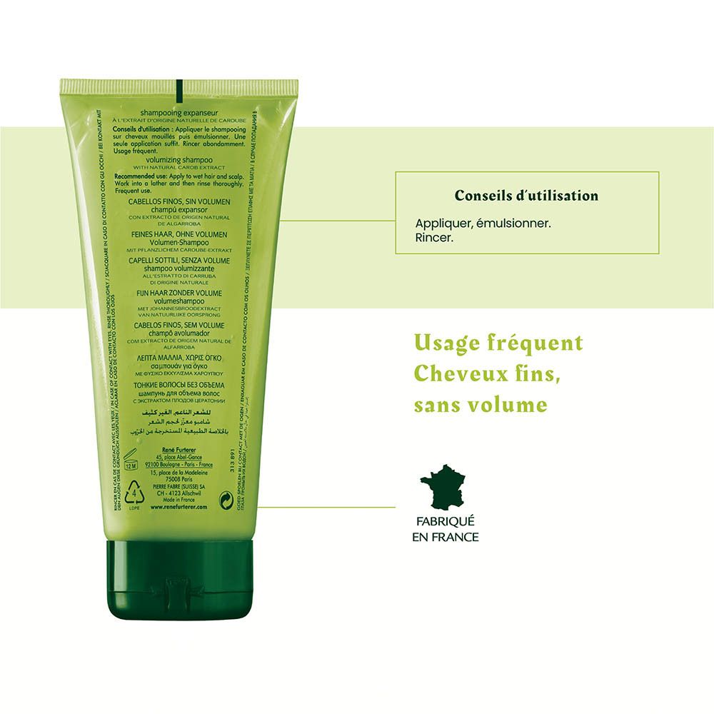 Dos d'un tube vert René Furterer Volumέα Shampoo avec instructions.