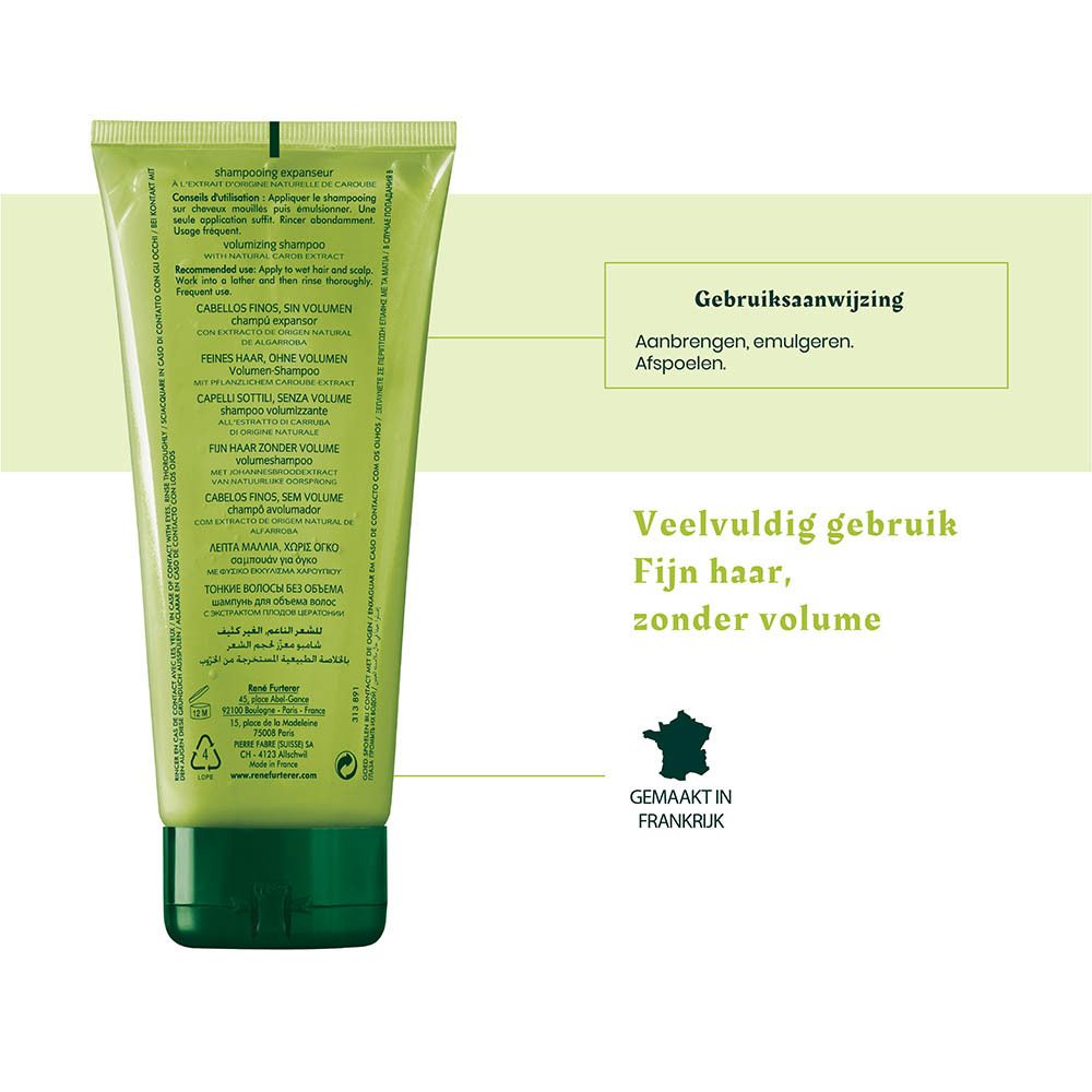 Groene tube met groene dop, achterkant met instructies en informatie over Furterer Volumizing Shampoo.