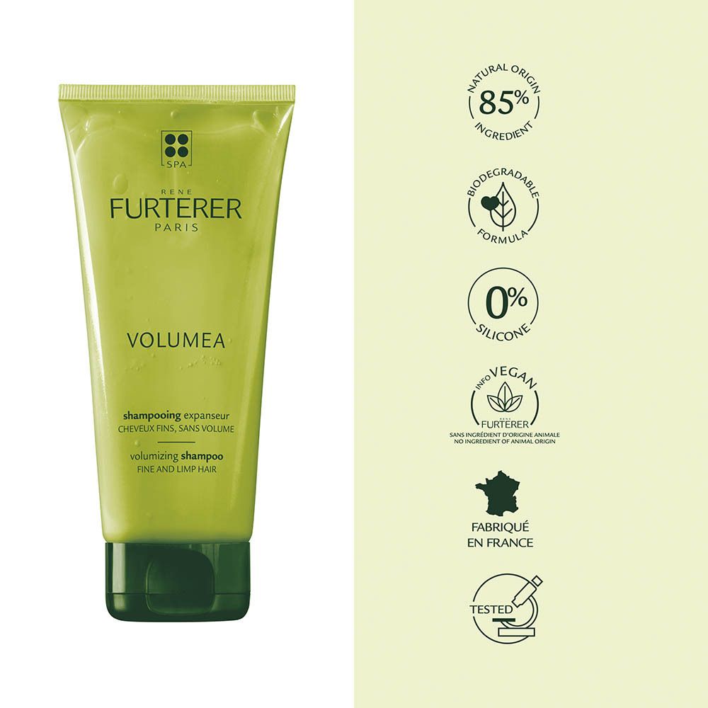 Rene Furterer Volumea volumizing shampoo tube met iconen voor ingrediënten en herkomst.