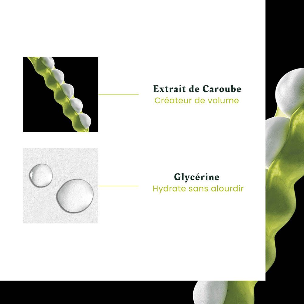 Ingrédients : Extrait de caroube pour le volume, glycérine pour l'hydratation. Gouttes de liquide clair.