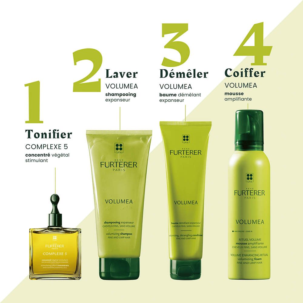 Quatre produits Furterer : huile, shampooing, après-shampooing et mousse pour cheveux volumineux.