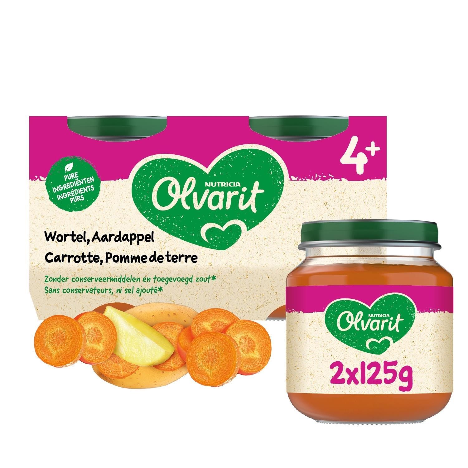 Een potje wortel en aardappelpuree en een verpakking met 4 potjes. Merk Olvarit. 2x125g. 4+.