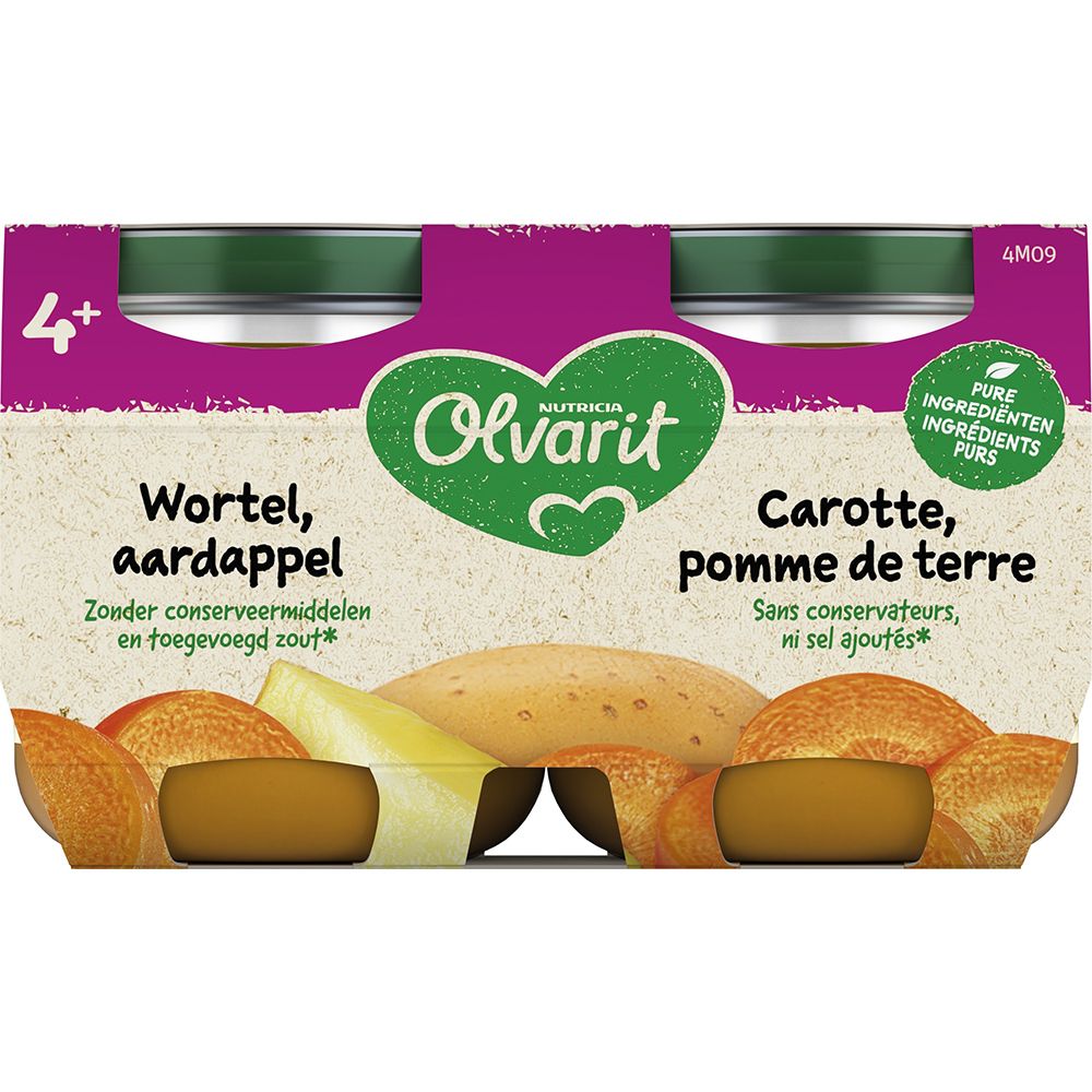 Verpakking met 2 potjes wortel en aardappelpuree. Merk Olvarit. 4+. Zonder conserveermiddelen, zonder zout.