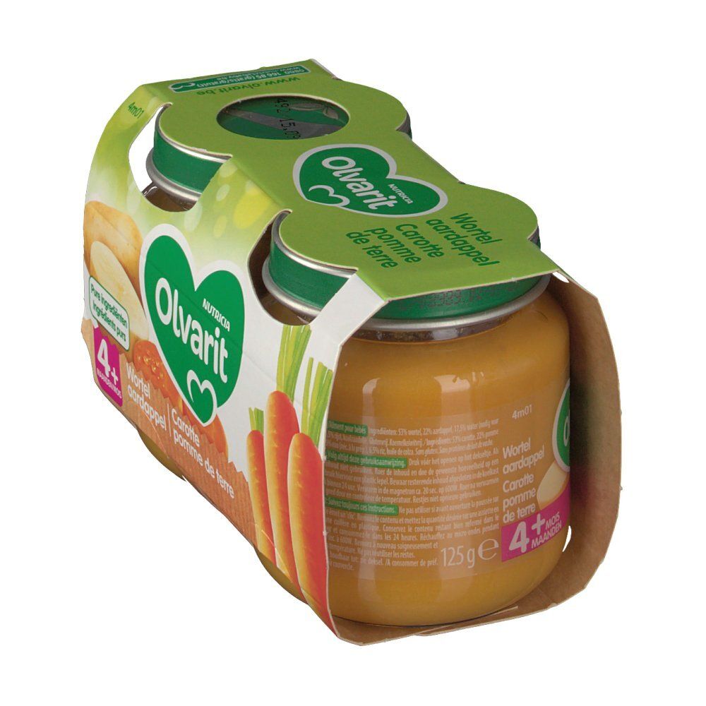 Potjes wortel en aardappelpuree. Verpakking met 4 potjes. Groene deksels, bruine verpakking. Merk Olvarit.