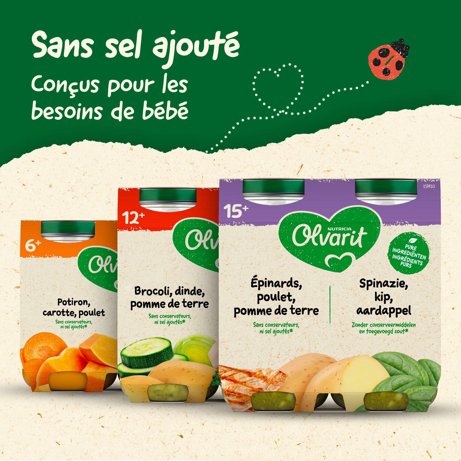 Trois emballages d'aliments pour bébés. Différentes saveurs. Marque Olvarit. 6+, 12+, 15+. Sans sel ajouté.