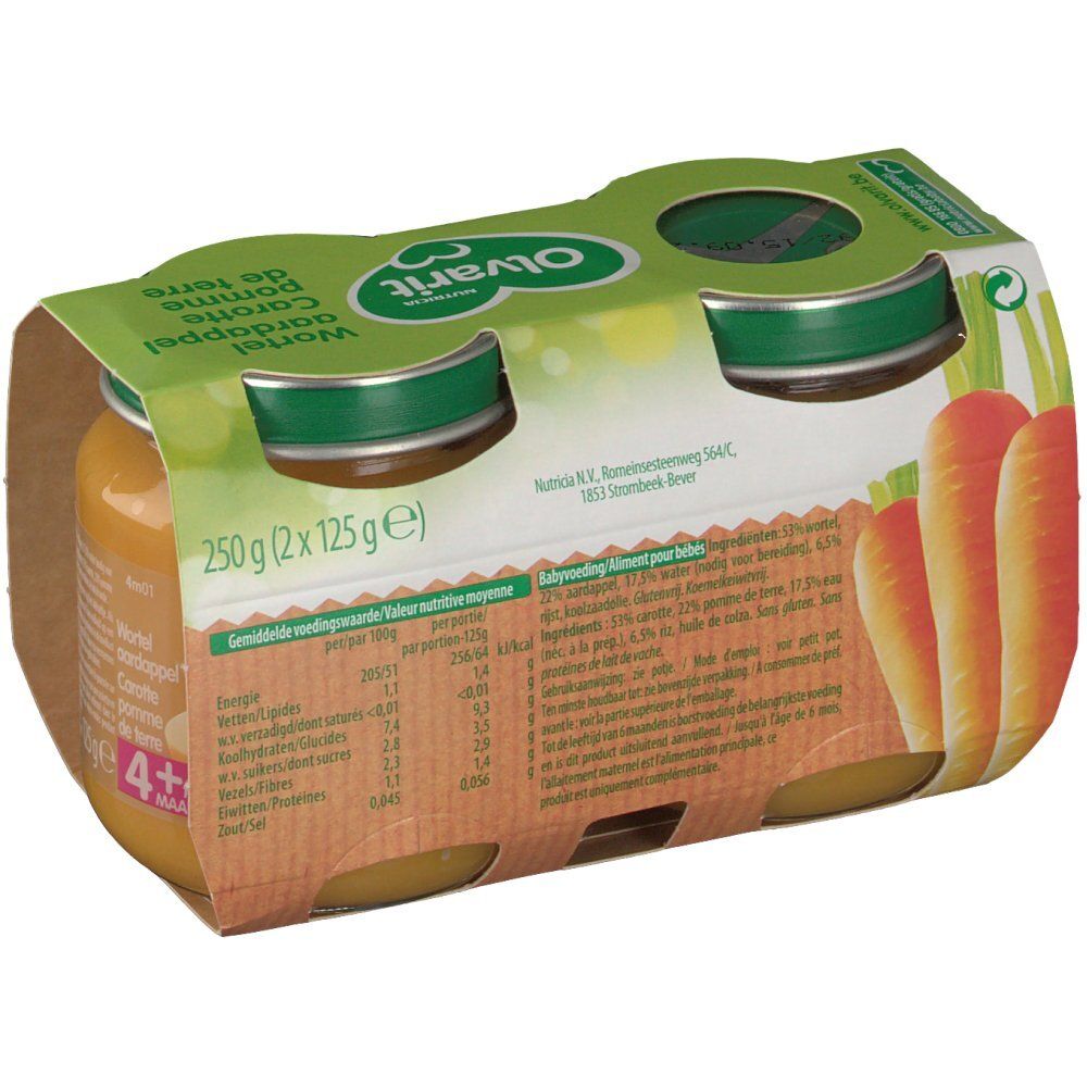 Verpakking met 2 potjes wortel en aardappelpuree. Voedingswaarde zichtbaar. Merk Olvarit. 2x125g.