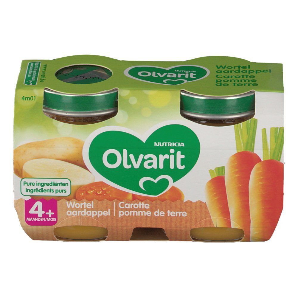 Verpakking met 4 potjes wortel en aardappelpuree. Merk Olvarit. Groene deksels. Illustratie wortel en aardappel.