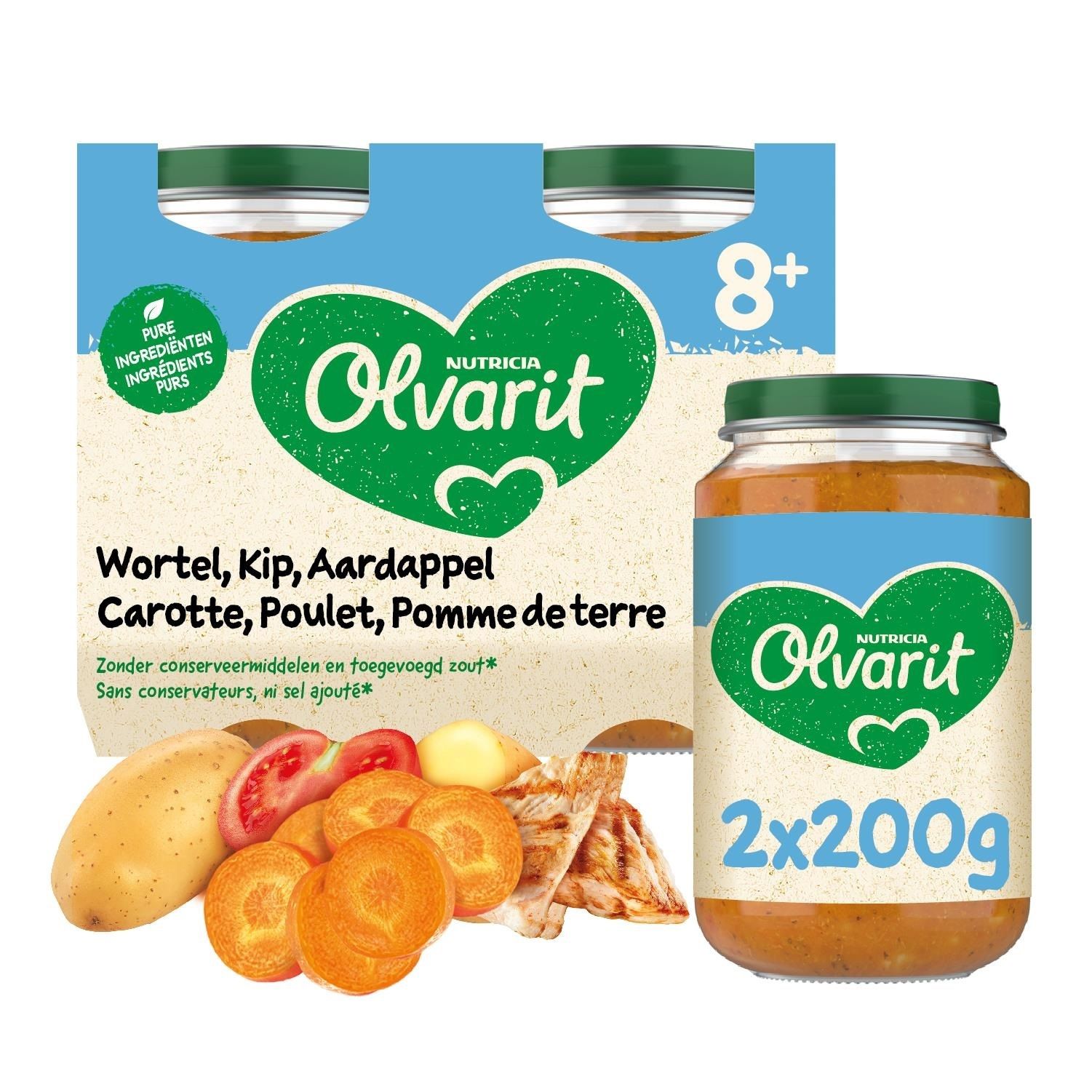 Potjes babyvoeding. Wortel, kip en aardappel. 8+ maanden. Enkel potje en verpakking.