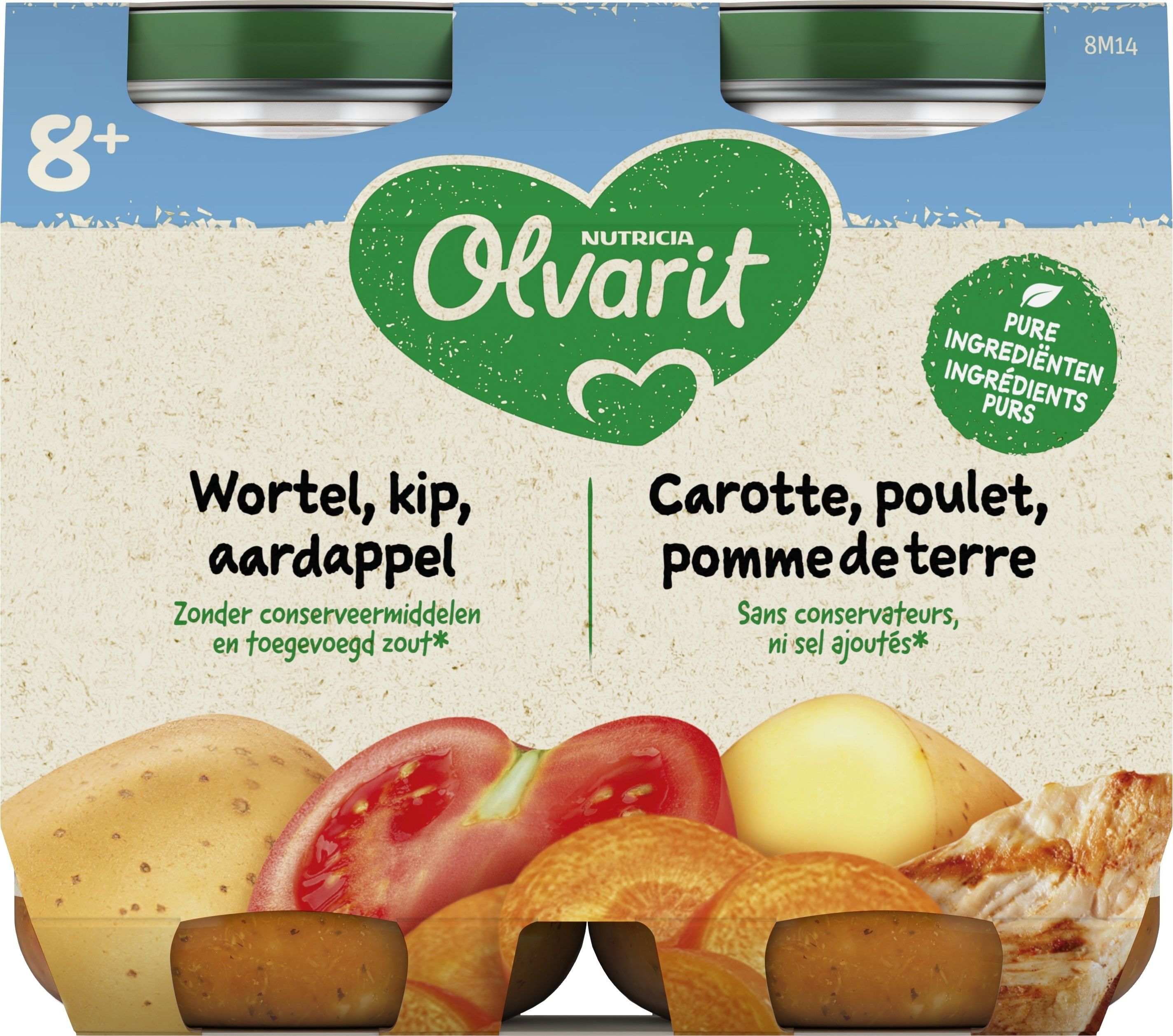 Bocaux de nourriture pour bébés. Carotte, poulet et pommes de terre. 8+ mois. Un bocal et emballage.