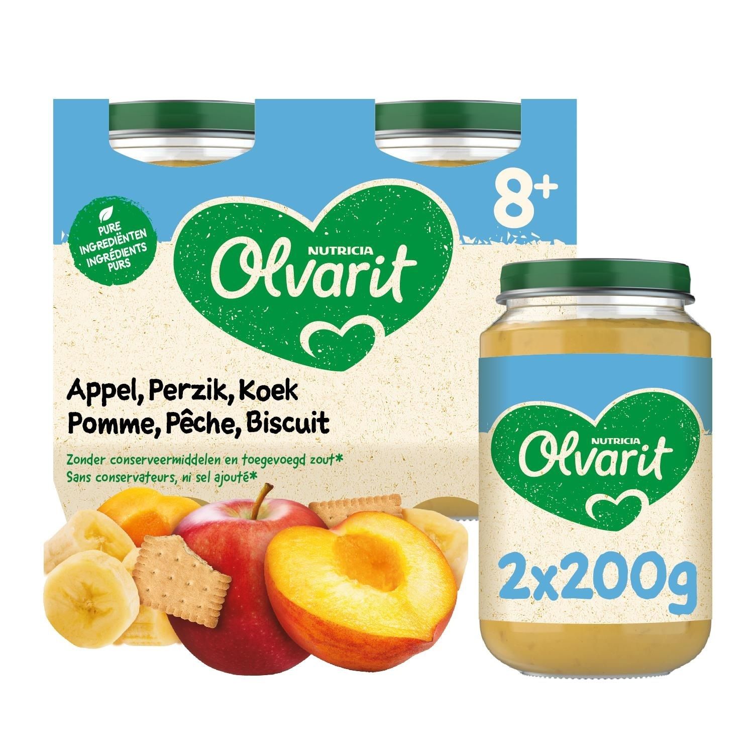 Potje Olvarit voor baby's, Appel, Perzik, Koek. Opschriften: 2x200g, 8+, ingrediënten, appel, perzik, koek, zonder conserveermiddelen.
