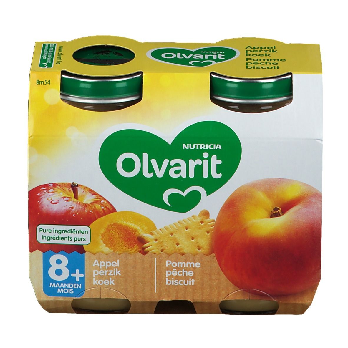 Verpakking met vier potjes Olvarit Appel perzik koek. Afbeelding van appel, perzik en koekje. 8+ maanden.