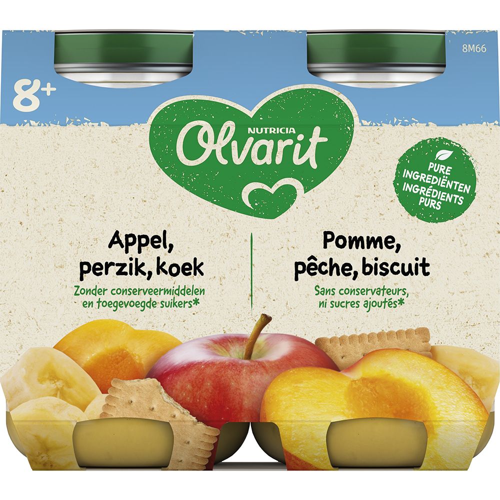 Verpakking met vier potjes Olvarit voor baby's. Opschriften: 8+, ingrediënten, appel, perzik, koek, zonder toegevoegde suikers.