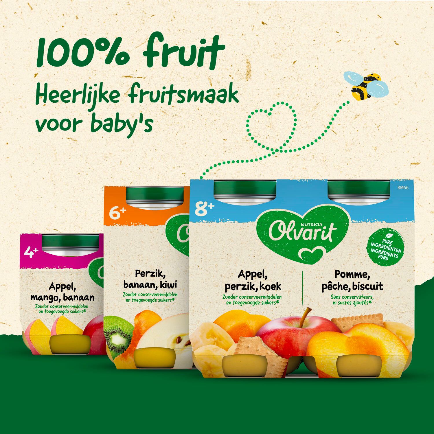 Verschillende Olvarit babyvoedingen. Opschriften: 4+, 6+, 8+, ingrediënten, mango, banaan, kiwi, appel, perzik, koek.