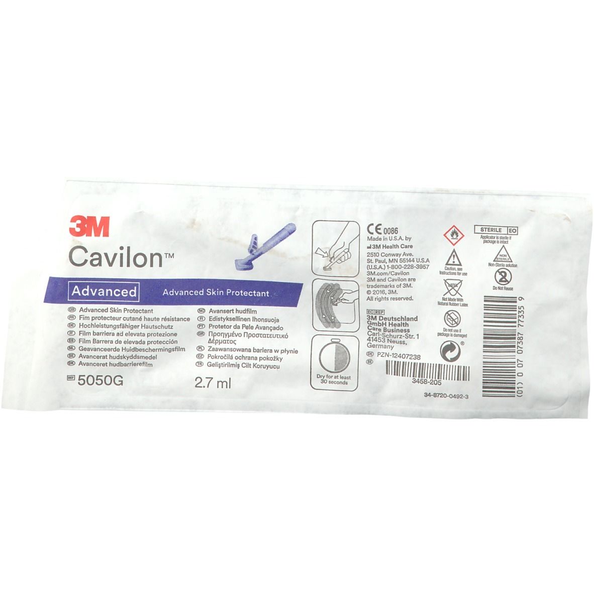 Verpakking van 3M Cavilon Advanced Skin Protectant. Bevat productinformatie, logo's en barcode. 2,7 ml.