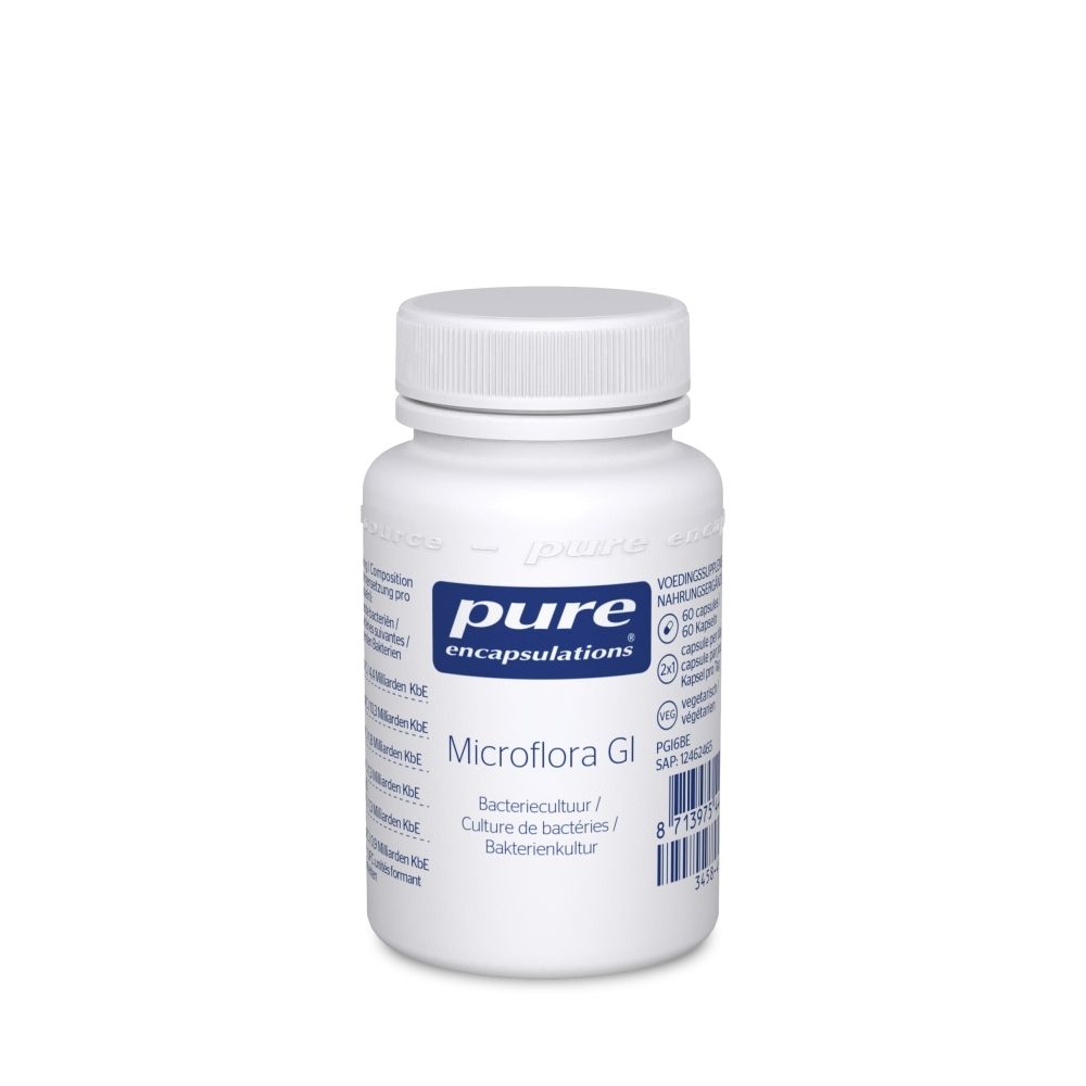 Flacon blanc avec étiquette bleue. Inscription: pure encapsulations Microflora GI. Contient 60 gélules.