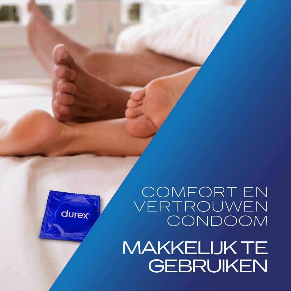 Koppel in bed, condoomzakje ernaast. Opschrift: Durex. Blauwe achtergrond.