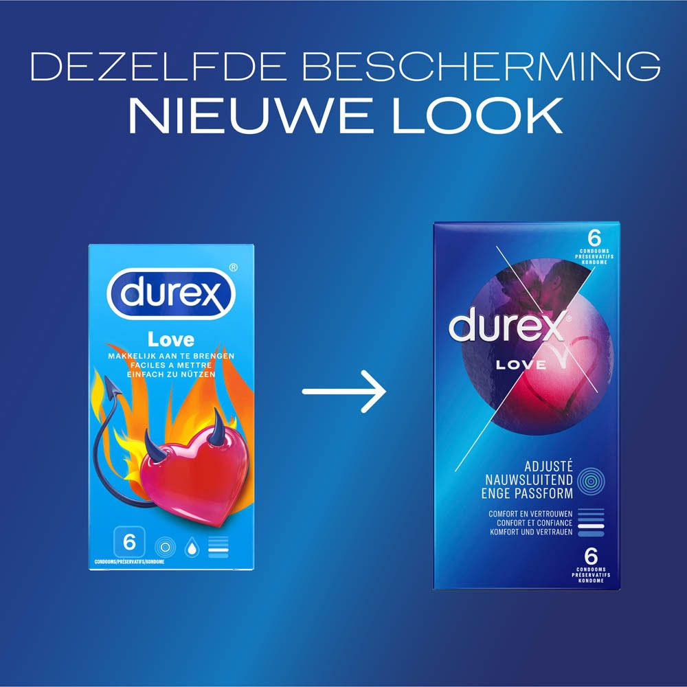 Vergelijking van twee Durex Love dozen. Opschrift: Dezelfde bescherming, nieuwe look.