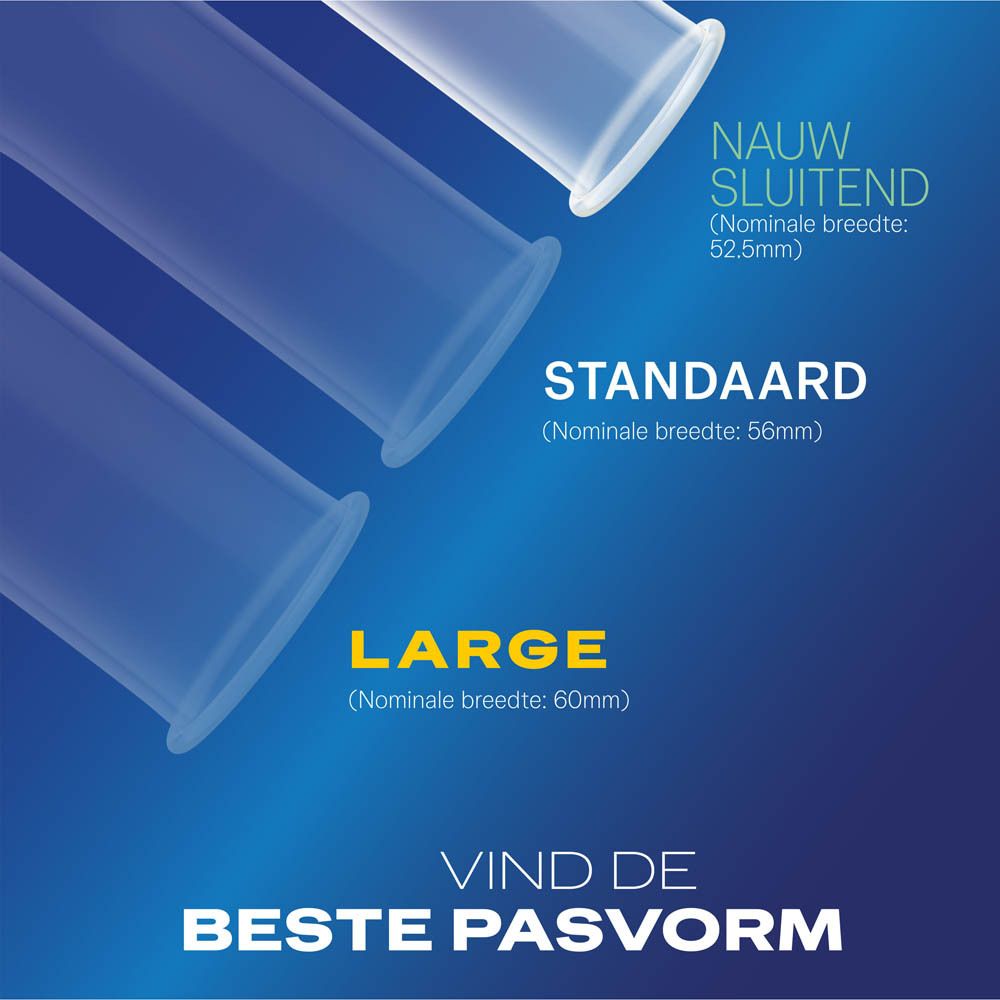 Durex condooms in verschillende maten. Opschrift: Vind de beste pasvorm.