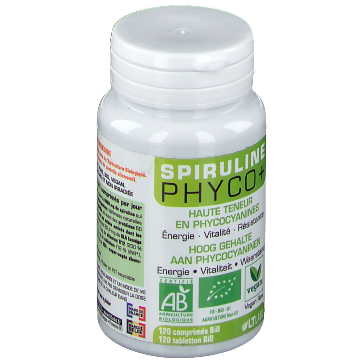 Flacon blanc avec étiquettes vertes et blanches. Inscription: Spiruline Phyco+ BIO. Label vegan. 120 comprimés.