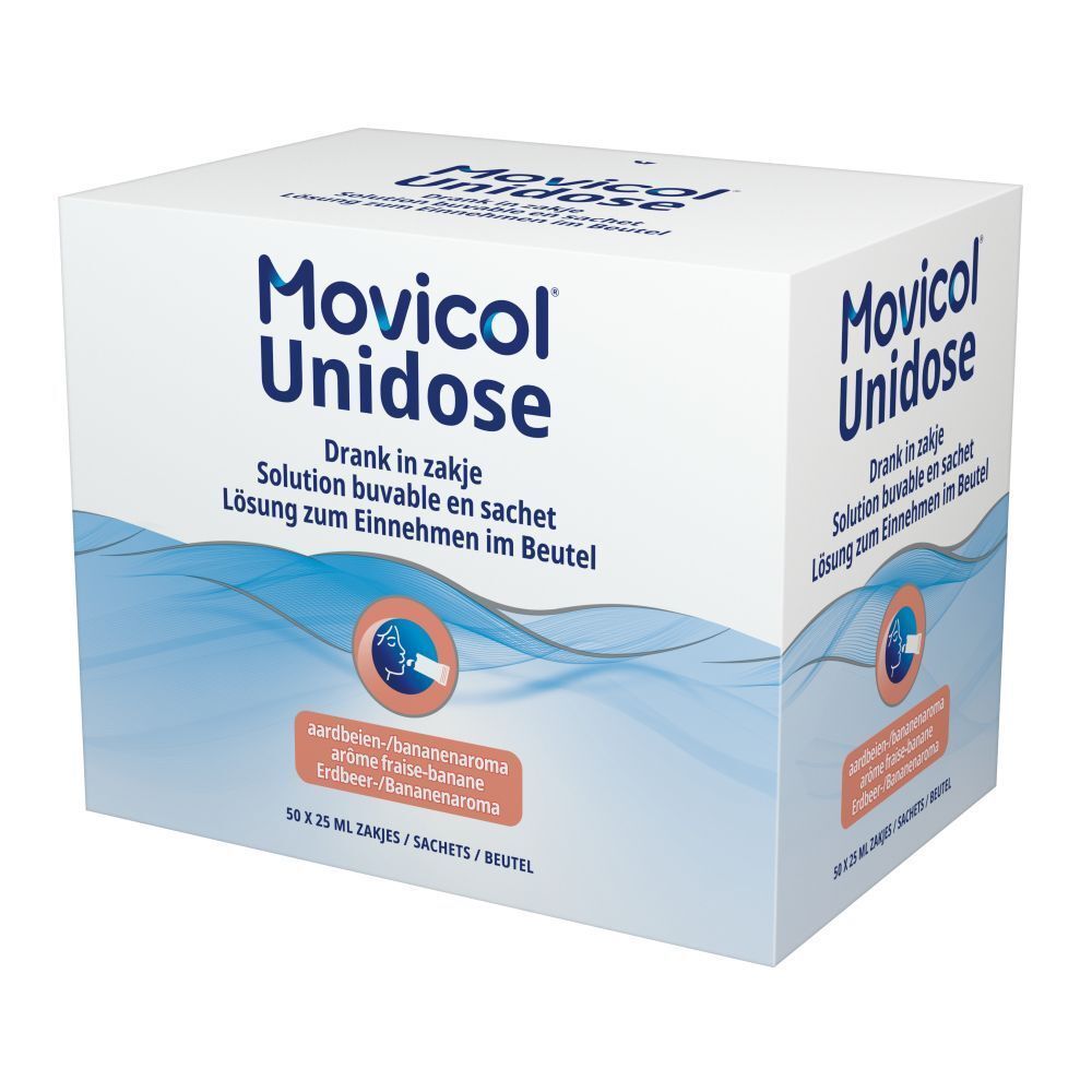 Boîte blanche Movicol Unidose. Texte : Drank in zakje, Solution buvable en sachet, Lösung zum Einnehmen im Beutel. Arôme fraise-banane.