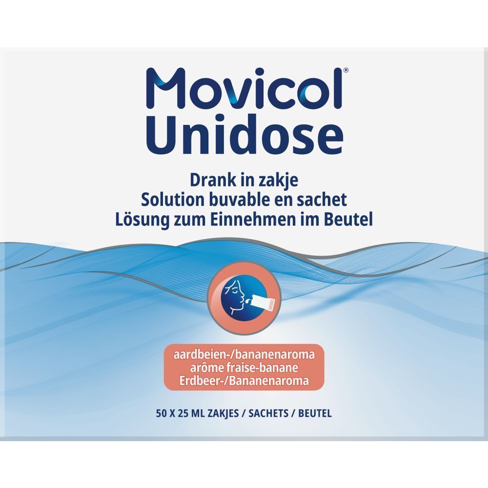 Boîte blanche Movicol Unidose. Texte : Drank in zakje, Solution buvable en sachet, Lösung zum Einnehmen im Beutel. Arôme fraise-banane.