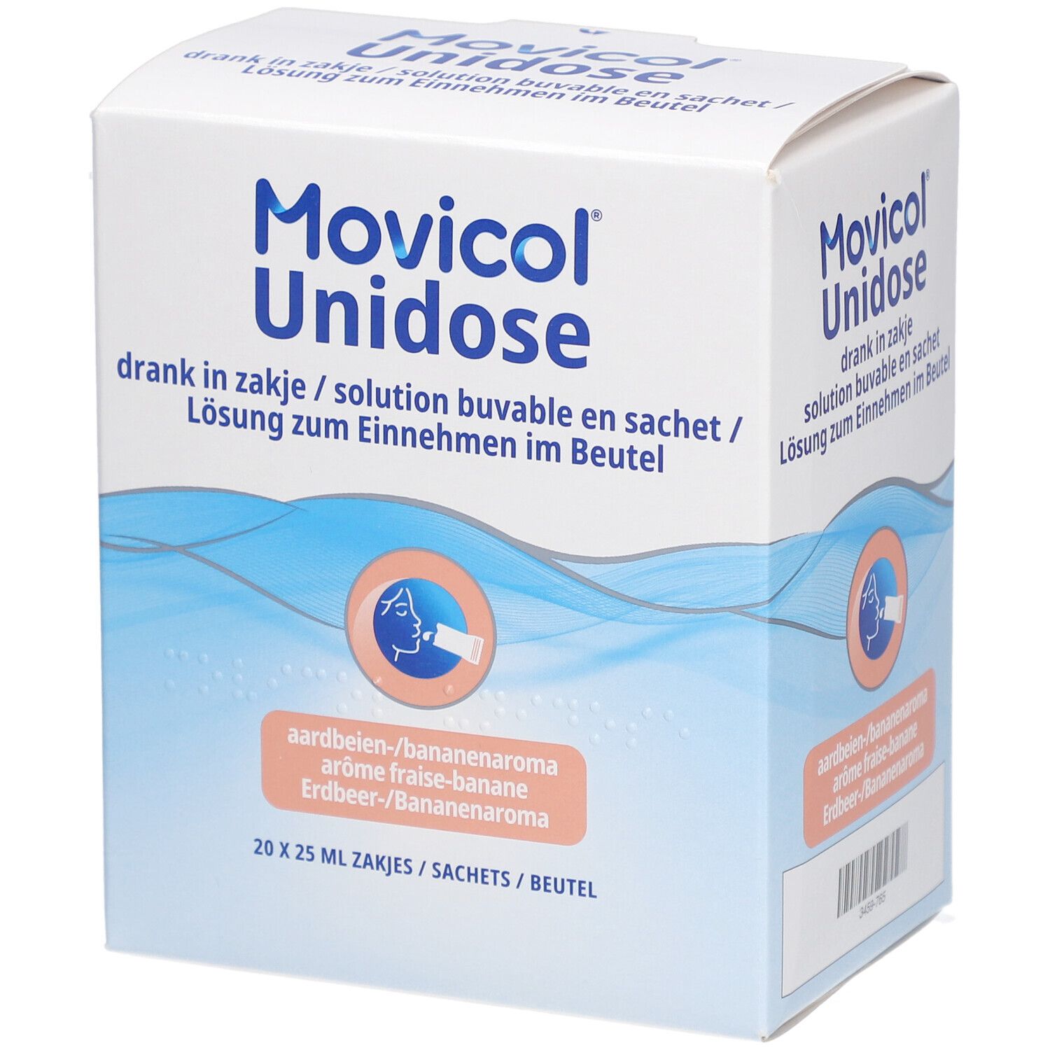Doos Movicol Unidose. Aardbei-banaan aroma. 20 zakjes. Blauw-witte verpakking met productnaam.