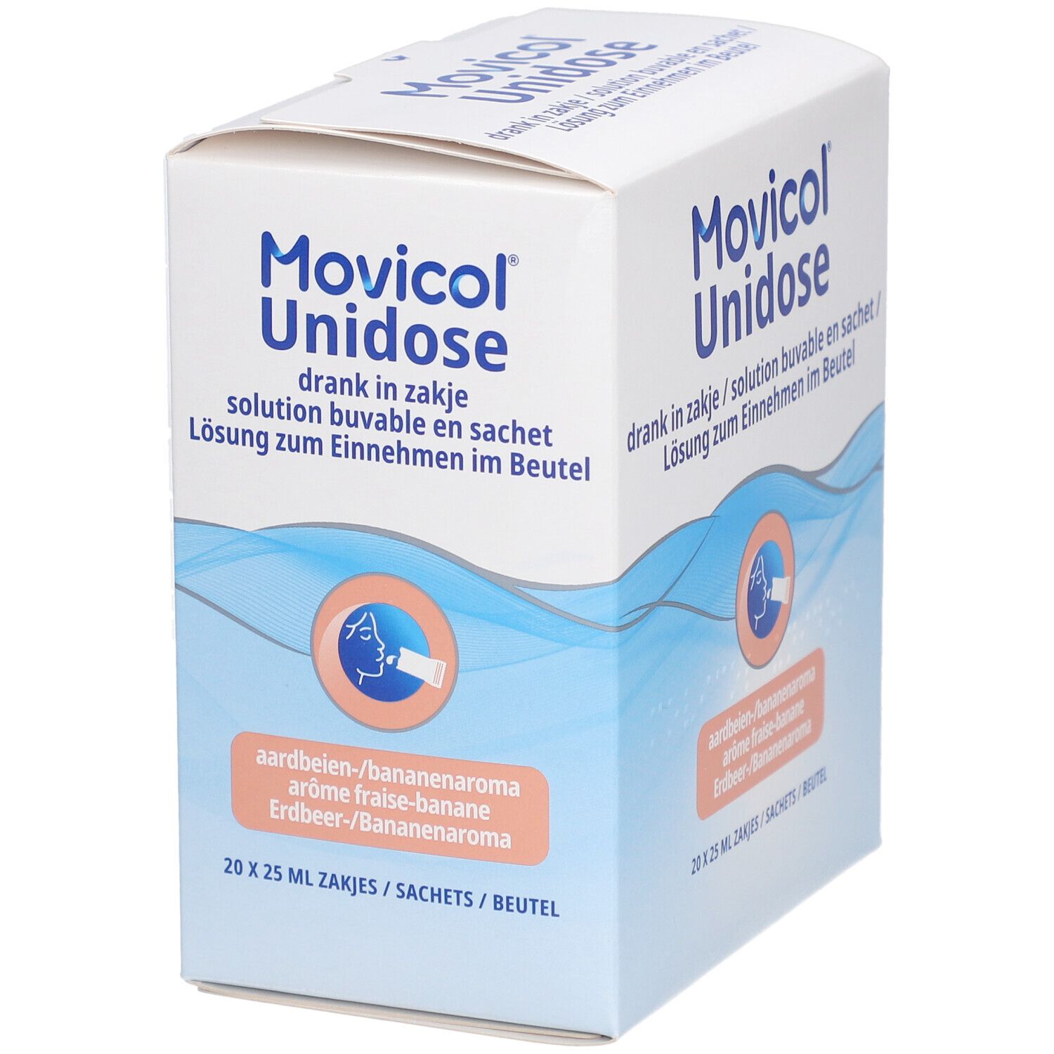 Doos Movicol Unidose. Aardbei-banaan aroma. 20 zakjes. Blauw-witte verpakking met productnaam.