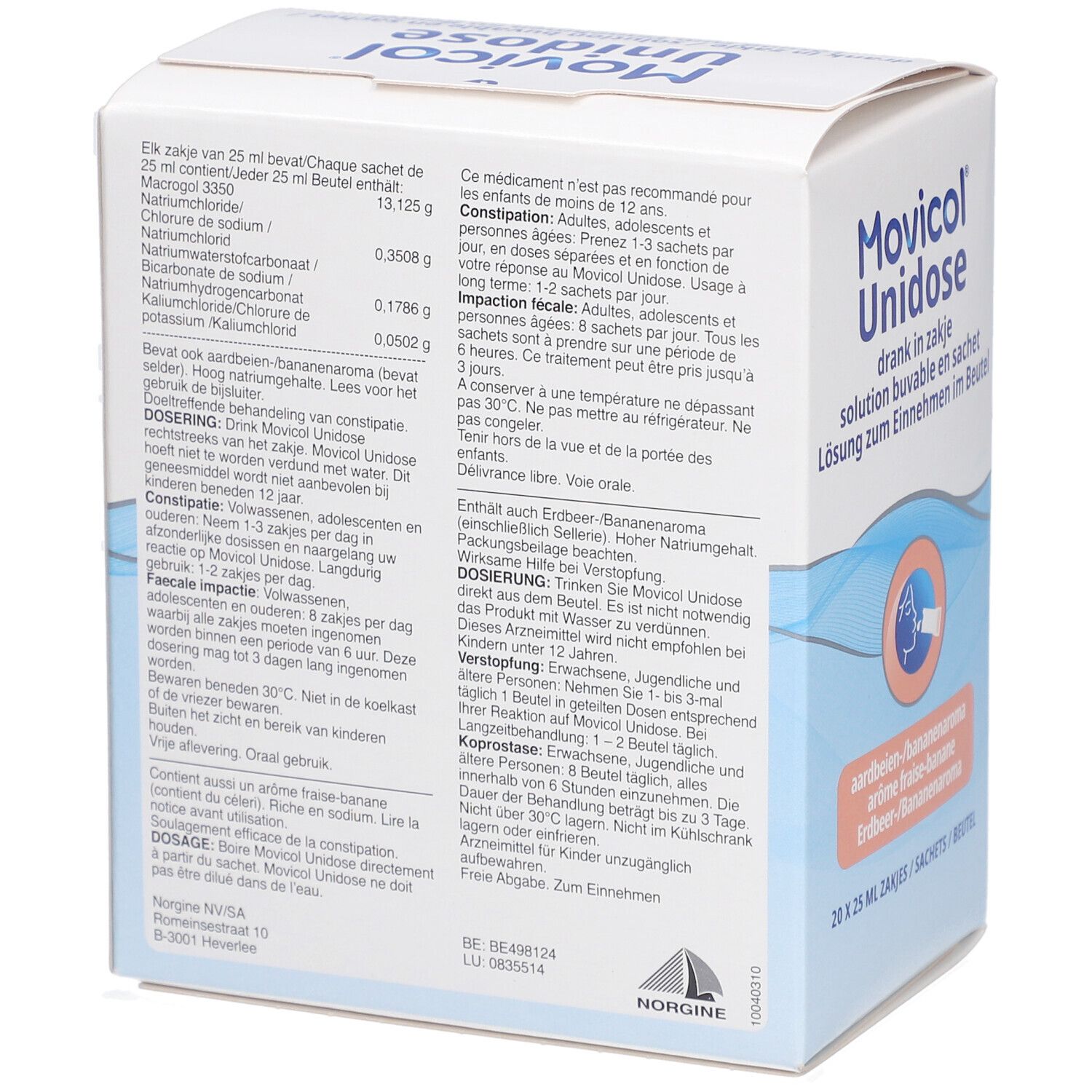 Achterkant van de Movicol Unidose verpakking. Tekst in meerdere talen. Bevat informatie over ingrediënten en dosering.