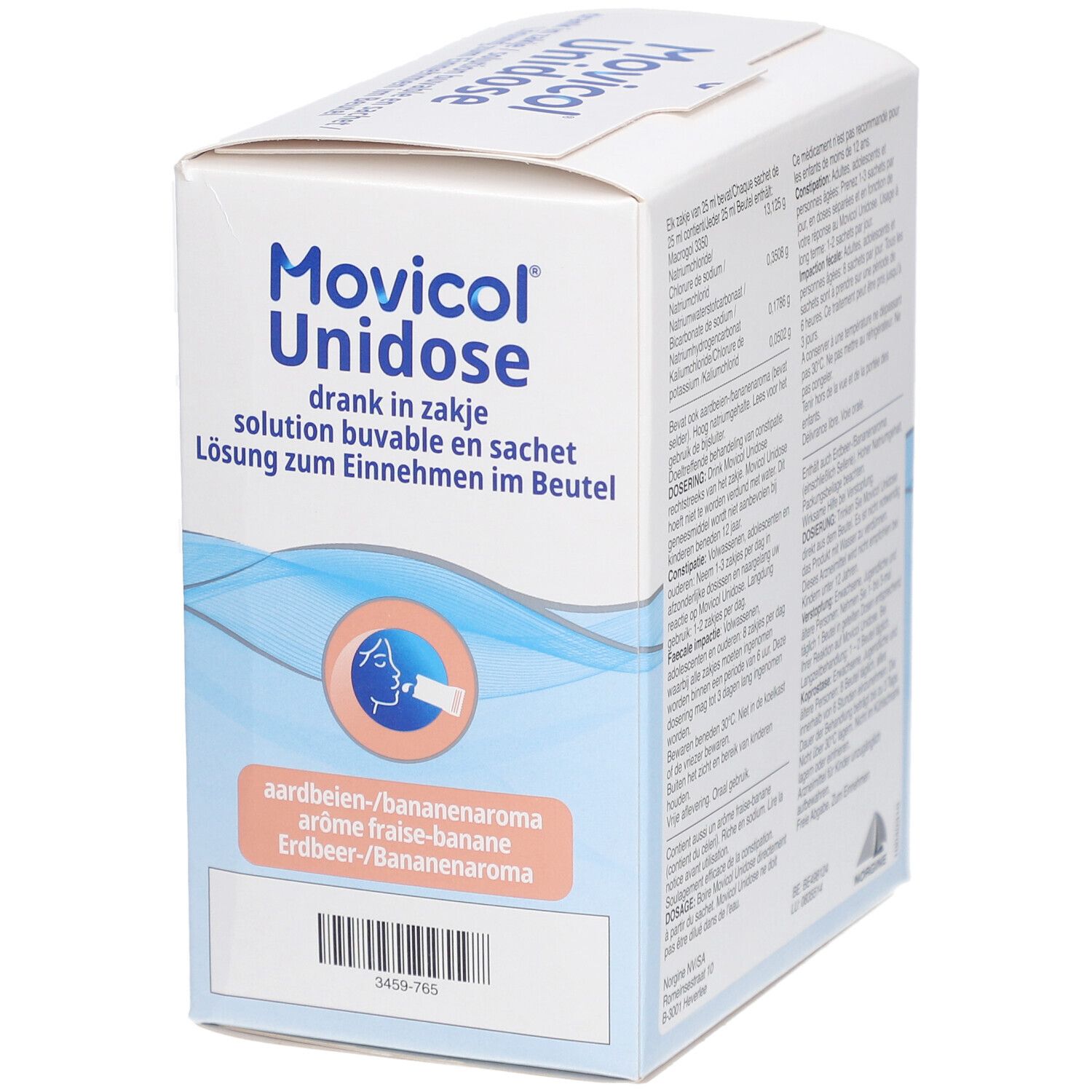 Doos Movicol Unidose. Aardbei-banaan aroma. 20 zakjes. Blauw-witte verpakking met productnaam.